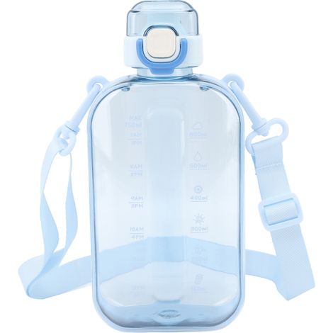 Gourde plate 750 ml en polycarbonate transparent, étanche et fine, avec graduation et bandoulière, idéale pour le sport, les voyages, la salle de sport et le camping (bleu). (1/5)