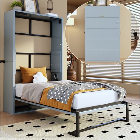 DESVIAE Lit escamotable mural 90 x 200 cm gain de place structure en métal et panneaux en bois gris verrouillage mural pliage silencieux pour studio chambre d amis et bureau à domicile (1/5)