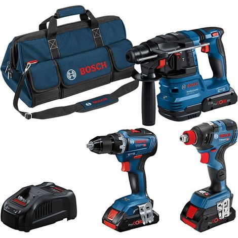 Bosch – Pack 3 outils électroportatifs 18V – Perceuse visseuse, boulonneuse, perceuse à percussion – 3 batteries 4Ah, chargeur rapide – 615A5003B
