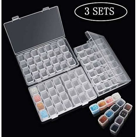 Ahlsen Juego de 3 cajas de almacenamiento transparentes con 28 mini compartimentos, pintura de diamantes 5D y herramientas de punto de cruz para bricolaje. (1/4)