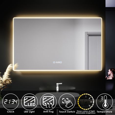 Sirhona – Miroir lumineux de salle de bain 100 x 60 cm – Éclairage LED 3 couleurs – Interrupteur tactile – Film anti-buée – Affichage de l'heure et température