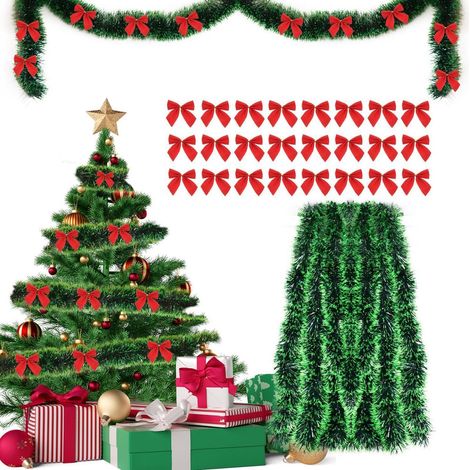 Tannengirlande 10m mit 24 roten Weihnachtsschleifen, künstliche Weihnachtsdeko für Innen & Außen