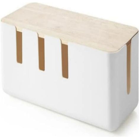 Boîte de rangement de câbles compacte avec couvercle en bambou pour rallonge, multiprise, parasurtenseur, rangement de câbles, couvercle d'organisation blanc (1/5)