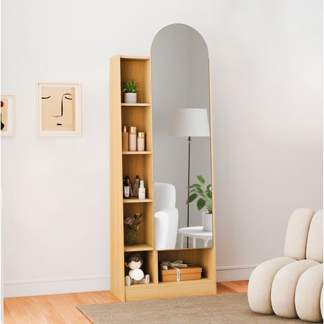 Armadio specchio 60x28x164,5 cm in legno naturale, con vano contenitore FloraGrace (1/5)