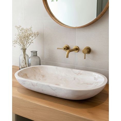 Nacre - Vasque  à poser ovale en marbre couleur crème