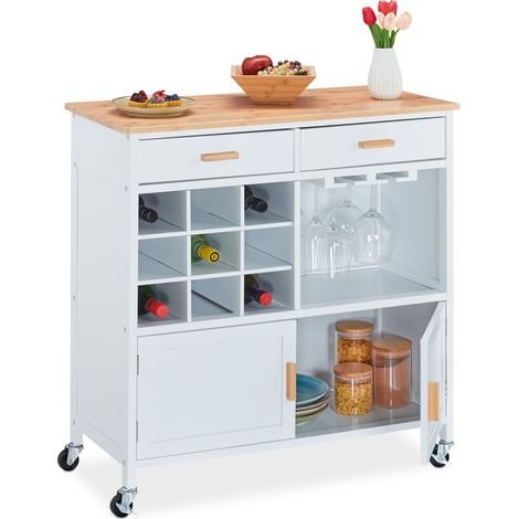 Relaxdays Carrito Auxiliar con Botellero, 88,5 x 86 x 41 cm, Encimera, Colgador de Copas de Vino, con Ruedas, Blanco