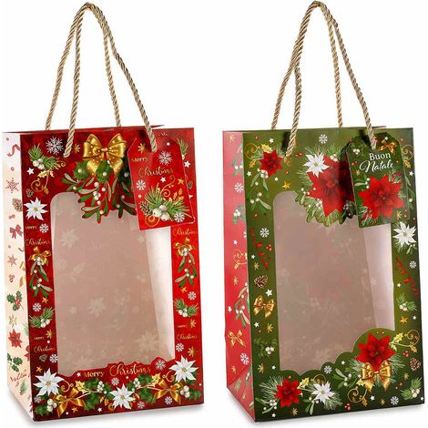 Sacchetti / buste natalizie in carta con manici, finestra e tag, stampa a tema Natale, set da 18 pezzi, cm 16 x 11 x 25 H