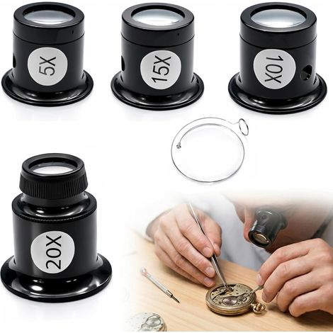 4 Pièces Loupe Horloger Kit 5X 10X 15X 20X Loupe Bijoutier avec Porte-Fil Loupe Grossissante pour Montre Réparation Outils Horlogerie et Détails Précis