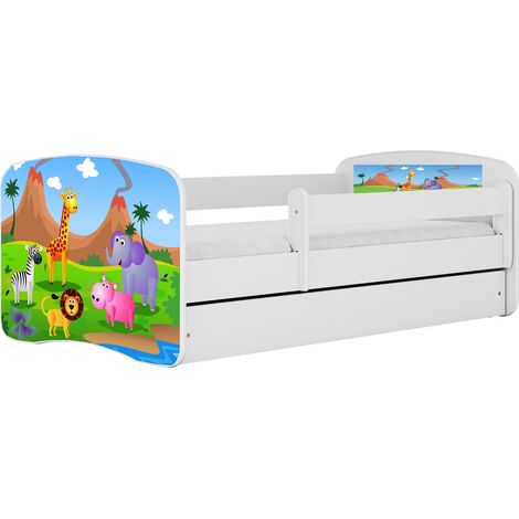 Lit enfant 70x140 cm avec tiroir et barrière avec matelas blanc motif Safari (1/5)