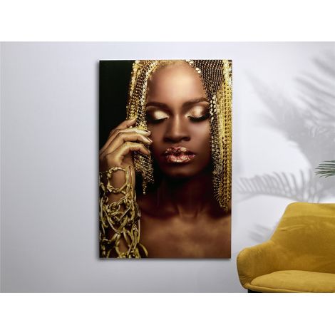 Bedrucktes Glasbild Afrikanische Frau mit Gold 80X120 cm. 80X1X120 cm