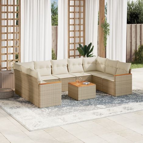 Ensemble Salon Jardin 10 Places Résine Tressée Beige avec Coussins - Table Acacia, Modulaire, Stockage (1/3)