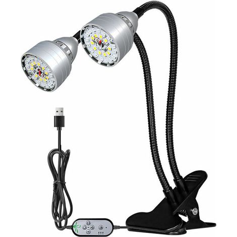 Lampe pour plantes à pince alimentée par USB, 2 têtes (minuterie + télécommande) 2 têtes (minuterie + télécommande) (1/5)