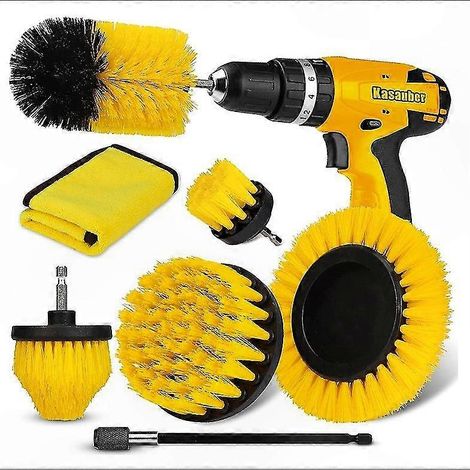 Set de 7 brosses perceuse pour nettoyage jantes, pneus, carrelage, baignoire, brique et sols - Kit accessoires polissage, brosse rotative pour perceuse électrique, nettoyant multifonction. (1/4)