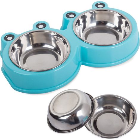 Bol d'alimentation double pour chat chiens metallique 0.175l x 2 bleu (1/5)