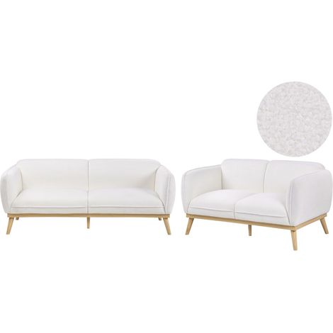 Ensemble de Salon Scandinave en Bouclé 5 Places Canapés 3 et 2 Places Pieds Effilés en Bois Facile d'Entretien Blanc Ljung
