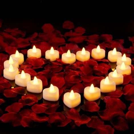 Kit de 24 bougies thé LED en forme de cœur, ensemble pour demande en mariage, anniversaire, soirée romantique spéciale, décoration de tables de mariage et anniversaire. (1/5)