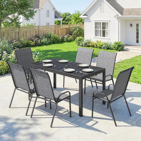 Conjunto de Mesa y Sillas Jardín con Mesa Metálica con Agujero y 6 Sillas Apilables Transpirables para Terraza Gris (1/5)