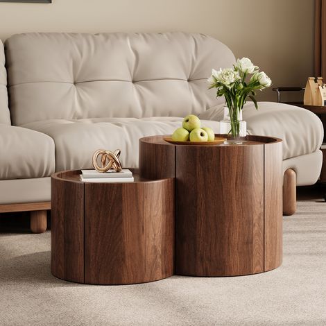 Table basse design arrondi 77 - 5x47 - 5x40cm - portes incurvées - tiroir - rangement - salon - panneau de particules - noyer (1/5)