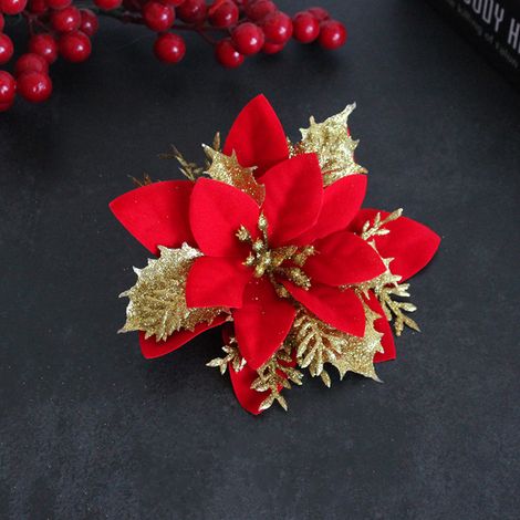 Bouquets De Fleurs Artificielles 3D Pour Noel Or Argent Rouge Decorations Fete Pack De 12-KZQ (1/5)