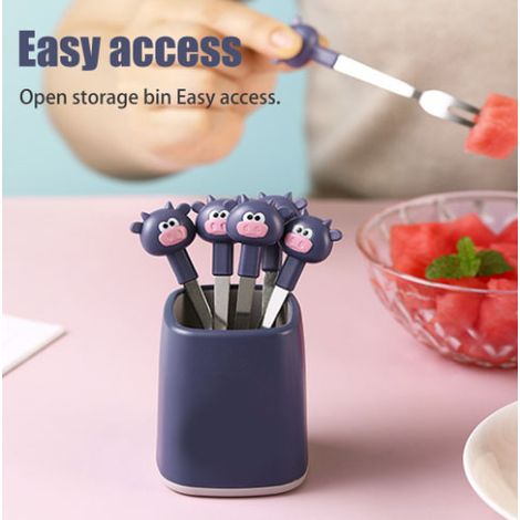 Ensemble de 6 fourchettes à fruits pour enfants, en acier inoxydable, motif veau mignon, pour desserts, bentos, boîtes à lunch et fêtes (violet). (1/5)