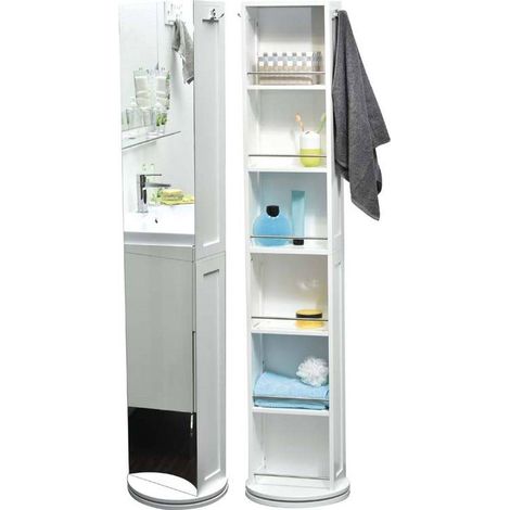 Colonne de salle de bain pivotante en MDF blanc avec miroir – Dimensions 36x36x169,5 cm – Rangement optimisé avec niches et patères – Zenpur
