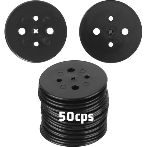 50 arandelas de plástico negro para asegurar láminas de mantillo, grapas de jardín, anclajes al suelo para lonas, redes, césped sintético y juntas de anclaje de plástico al suelo. (1/5)