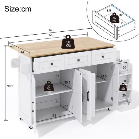 Îlot de cuisine avec plan de travail rabattable, équipé de 5 roulettes verrouillables, 4 portes, 3 tiroirs, étagère de porte, porte-serviettes double face, design style grange, blanc, 140x43(70)x90,5 (1/5)
