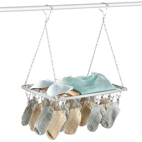 Tendedero con cesta, 18 pinzas de acero inoxidable, tendedero para calcetines, resistente al viento, para secar calcetines, sujetadores, zapatos, toallas, gorros y bufandas. (1/5)