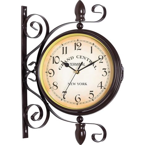 Horloge Murale Double Face Style rétro Antique Horloge Murale de Gare avec Design en Fer forgé, Horloge à Piles avec Chiffres Arabes Style rétro Horloge de Jardin pour Gare, Couloir ou Jardin (Noir) (1/5)