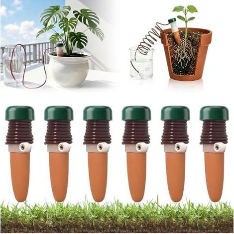 Lot de 6 Distributeurs d'Eau pour Plantes d'Intérieur. Arrosage Automatique Vacances avec Tuyau. Système d'Irrigation Goutte à Fleurs. Réservoir en Pot Marron - pièces (1/5)