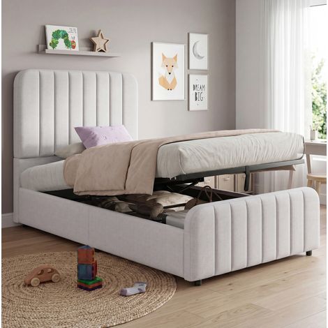 Letto singolo 90x200 cm grigio in lino con contenitore idraulico (1/5)