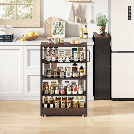 Nischenwagen 55x16x85 cm schwarz braun aus MDF mit 4 verstellbaren Regalböden und Rollen (1/4)