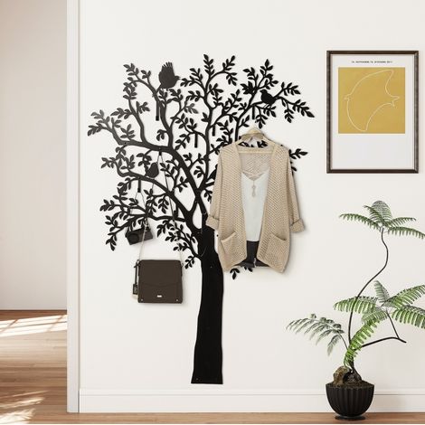 Appendiabiti da parete in metallo nero con 8 ganci, design ad albero con uccelli, dimensioni 120 x 175 cm (1/5)