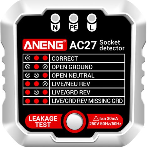 Détecteur de circuit électrique pour circuits domestiques, tester de prise 250V avec détection rapide de polarité, terre et fuite de courant (1/5)