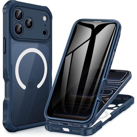 Magnétique Anti Espion Coque iPhone 17 Pro Max [Compatible avec MagSafe] intégré 9H Verre Trempé Protection écran et Protection Caméra, Antichoc Téléphone Housse Case Intégrale Etui - Bleu (1/5)