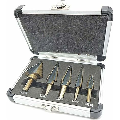 5-teiliges Stufenbohrer-Set mit professionellem Aluminiumkoffer, Sechskantschaft und selbstzentrierender Platte für präzises Bohren in Stahl und Metall (1/5)