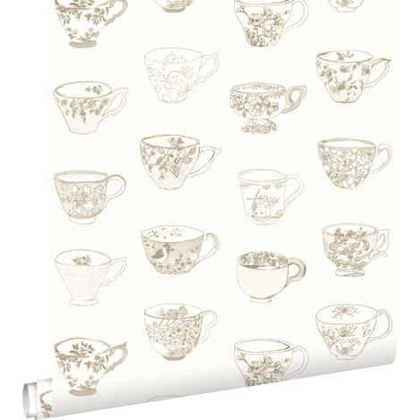 papier peint tasses et soucoupes beige - ESTAhome (1/5)