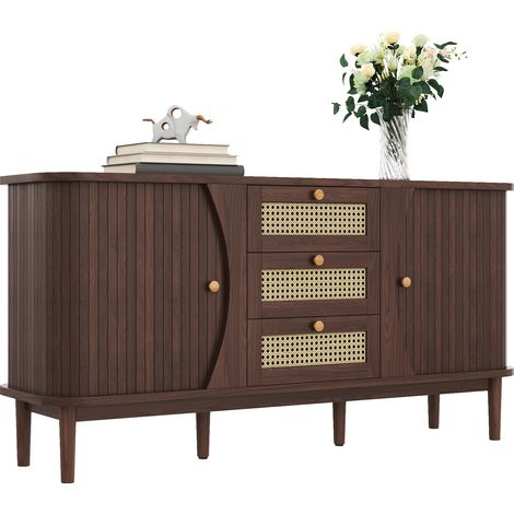 Aparador con puertas correderas, 3 cajones de ratán, baldas ajustables y bordes redondeados, en tablero de partículas, ideal para salón o comedor  CHICFURN (1/5)
