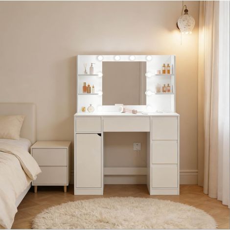 Bureau coiffeuse 110 x 140 x 40 cm miroir LED blanc OKMYHOME (1/5)