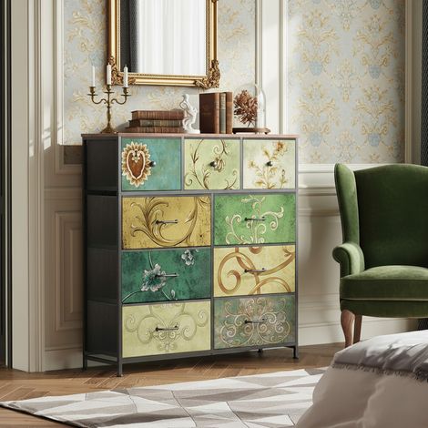 Commode - 9 tiroirs - Multicouleur - Panneaux imitation bois + structure en métal - poignée - Pieds réglables en hauteur - L 100 cm - bohème (1/5)