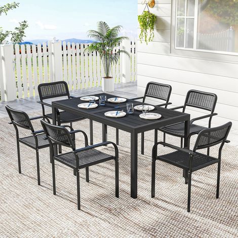 Ensemble repas d'extérieur 6 personnes, table et chaises avec trou pour parasol, noir (1/5)