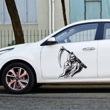 Autoaufkleber mit gefälschtem Sensenmann-Motiv, universeller Klebeaufkleber für Fahrzeuge, wiederverwendbarer dekorativer Autoaufkleber, finsteres Design, matt schwarz, 1 Stück. (1/5)