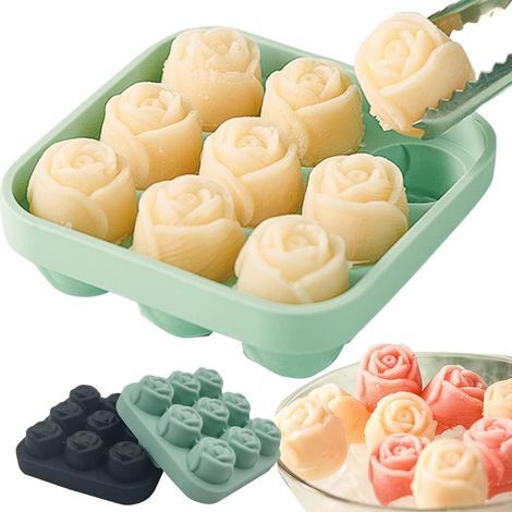 1 Moule à glaçons,Silicone,Forme rose 3D,9 cavités,Couvercle et entonnoir,Cocktails et boissons