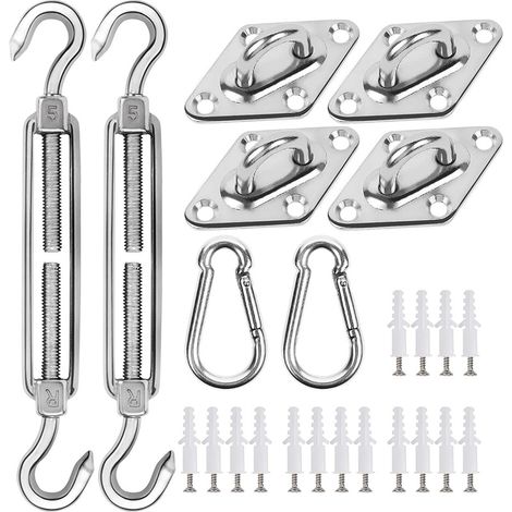 Kit de Tendeurs et Plaques de Fixation en Acier Inoxydable - 2 Tendeurs à Crochet, 4 Plaques de Fixation, 2 Mousquetons, Vis et Chevilles - 6MM