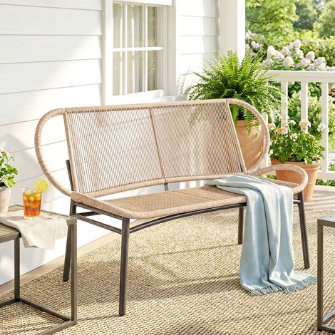 Panchina da giardino a 2 posti, panchina da esterno in resina intrecciata con struttura in metallo, resistente agli agenti atmosferici, naturale