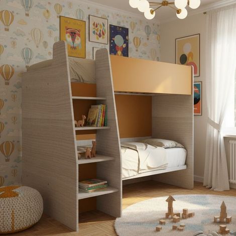 Letto a castello salvaspazio con scaletta frontale - Montaggio facile - Rovere rock
