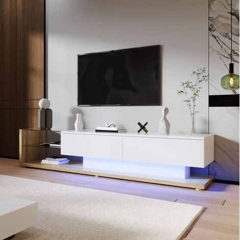 Mobile TV 170x36x38 cm bianco lucido in pannello truciolare con 2 cassetti, 2 ripiani in vetro e LED regolabile (1/5)