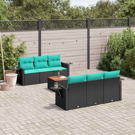 7-teiliges Gartensofa-Set mit Kissen, schwarzes Polyrattan (1/5)