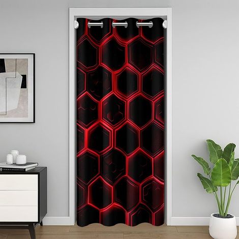 Rideau en nid d'abeille 3D pour l'intimité - Rouge fluo - Hexagone abstrait - Impression abstraite - Rideau de porte pour salon - Décoration simple et moderne - Noir - 1 panneau - 150 x 203 - 150L X 2 (1/5)