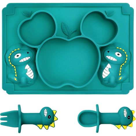 Assiette à Ventouse pour Bébé Vaisselle Silicone Bebe Napperon en Silicone avec Cuillère et Fourchette assiettes portatives Sans BPA Ventouse Plate pour Lave Vaisselle et au Micro Nndes (1/5)